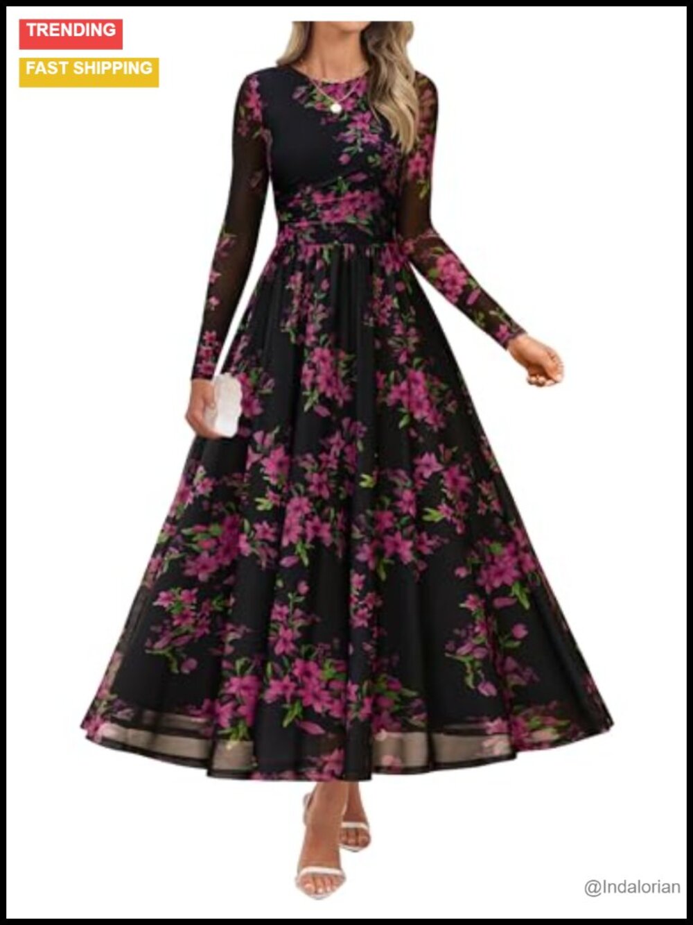 Long Sleeve Maxi Dress Ruched Waist A-Line Mesh Wedding Guest